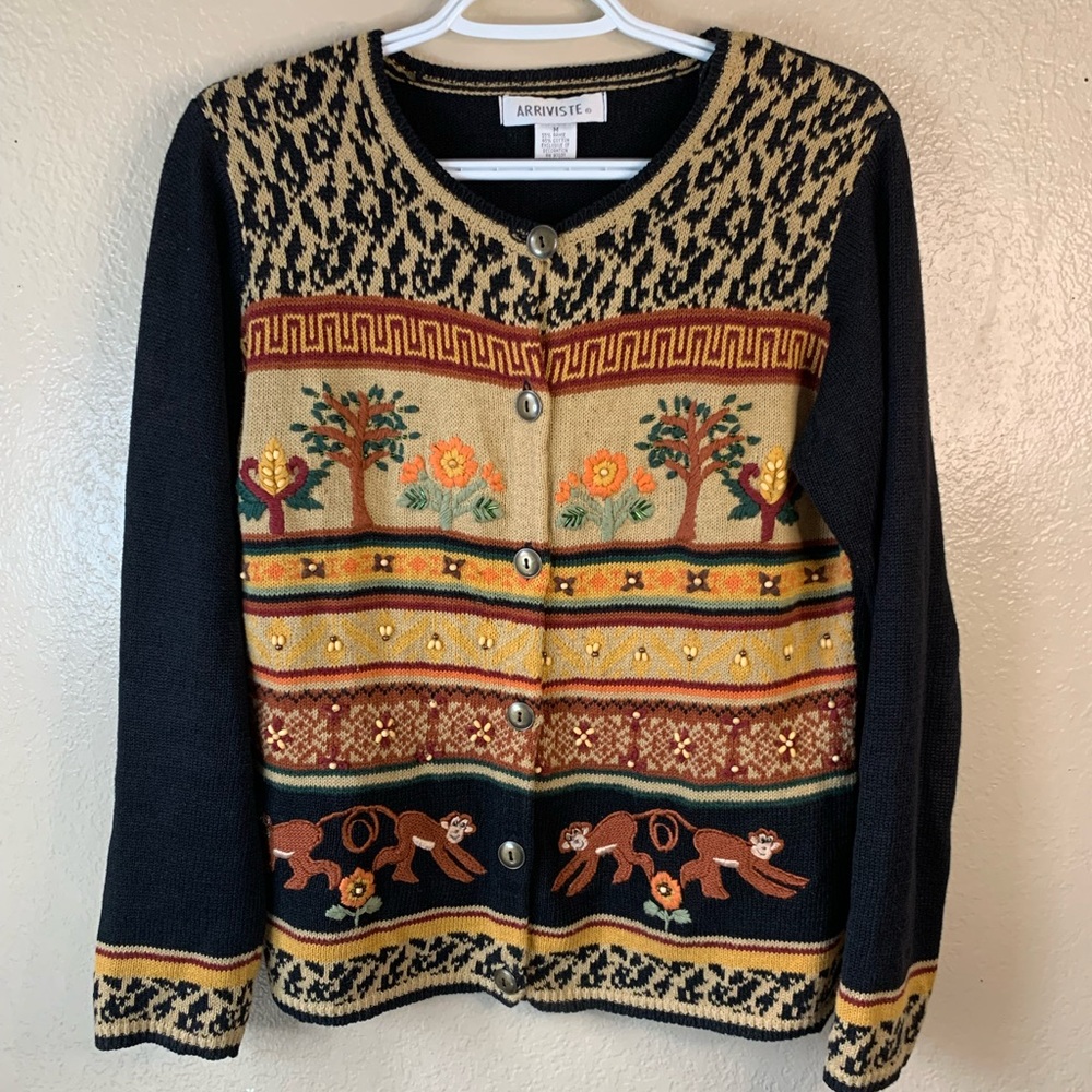 Vintage Arriviste Embroidered Beaded Monkey Novelty Print Cardigan Size M - Picture 2 of 13